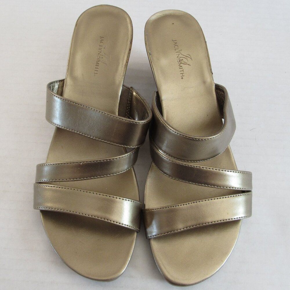 Jaclyn Smith Gold Strappy Slip On Open Toe Wedge Sandals Size 6.5M